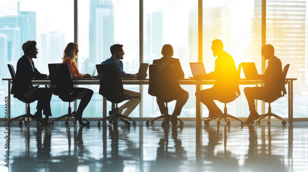 Business Meeting Silhouette in Modern Office with Cityscape View Business Meeting Silhouette in Modern Office with Cityscape View