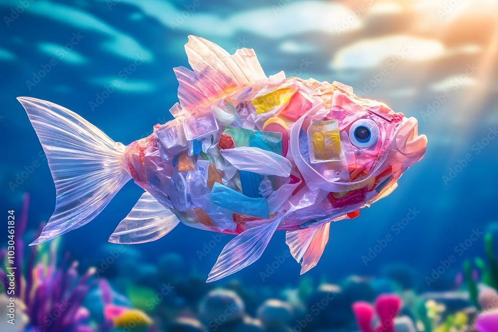 Fototapeta premium A fish made of plastic waste, swimming in the ocean with its body covered by small pieces of garbage and colorful food packaging bags