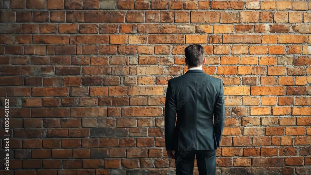 A man in a suit stands in front of a brick wall, looking ahead A man in a suit stands in front of a brick wall, looking ahead