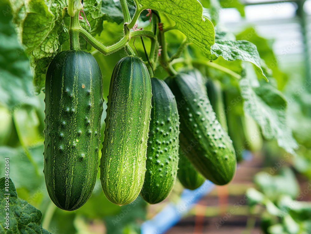 Freshly harvested cucumbers hanging in a vibrant greenhouse during the summer season Freshly harvested cucumbers hanging in a vibrant greenhouse during the summer season
