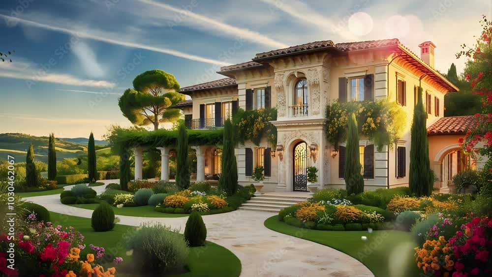 A luxurious mansion building with a large yard. Seamless 4K looping timelapse video animation background A luxurious mansion building with a large yard. Seamless 4K looping timelapse video animation background