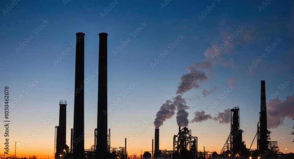 Bright sky highlighting smokestacks, creating a stark industrial scene. Bright sky highlighting smokestacks, creating a stark industrial scene.