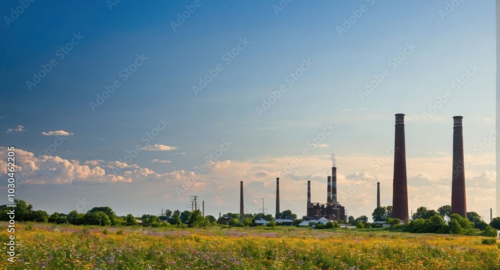 Bright sky highlighting smokestacks, creating a stark industrial scene. Bright sky highlighting smokestacks, creating a stark industrial scene.