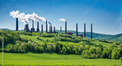 Bright sky highlighting smokestacks, creating a stark industrial scene.