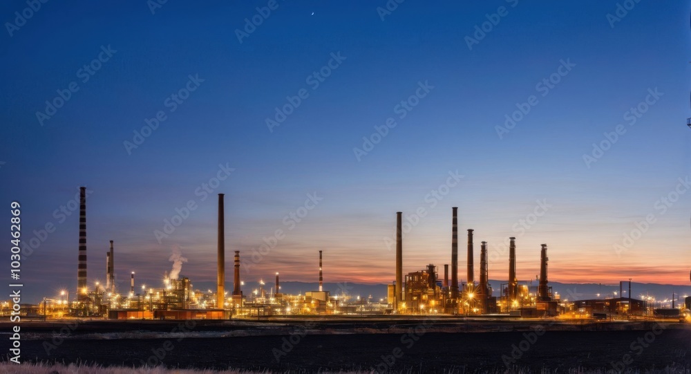 Bright sky highlighting smokestacks, creating a stark industrial scene. Bright sky highlighting smokestacks, creating a stark industrial scene.