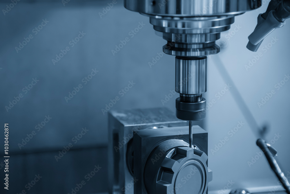 The CNC milling machine cutting the graphite electrode parts in the light blue scene. The CNC milling machine cutting the graphite electrode parts in the light blue scene.