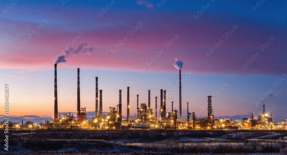 Bright sky highlighting smokestacks, creating a stark industrial scene. Bright sky highlighting smokestacks, creating a stark industrial scene.