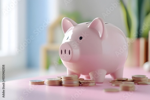 Pink piggy bank with coins on a pink background, an animation for financial education