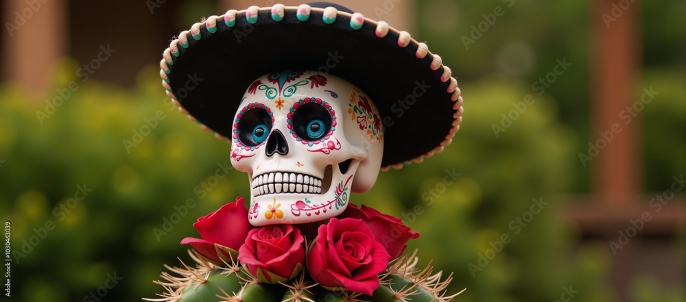 Day of the Dead Skull with hat cactus adorned with red roses Day of the Dead Skull with hat cactus adorned with red roses