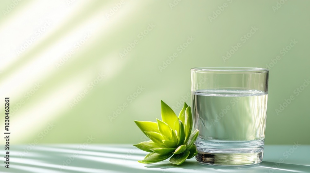 Glass of Water with Succulent Plant and Green Background Glass of Water with Succulent Plant and Green Background
