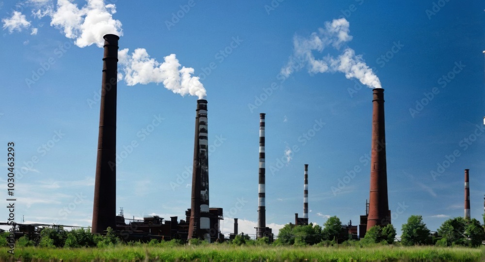 Bright sky highlighting smokestacks, creating a stark industrial scene. Bright sky highlighting smokestacks, creating a stark industrial scene.