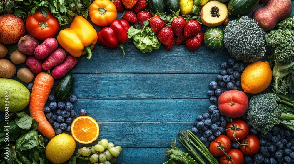 A colorful arrangement of fresh fruits and vegetables on a wooden table. A colorful arrangement of fresh fruits and vegetables on a wooden table.