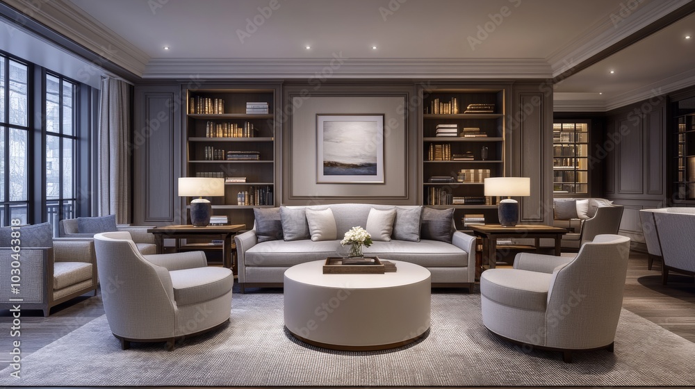 Luxury Living Room Interior Design with Grey Sofa Bookcases and Coffee Table Luxury Living Room Interior Design with Grey Sofa Bookcases and Coffee Table