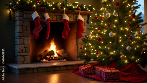 Weihnachtsbaum am Kamin: Ein wunderschön geschmückter Weihnachtsbaum steht hoch neben einem Steinkamin, an dem Strümpfe hängen. photo