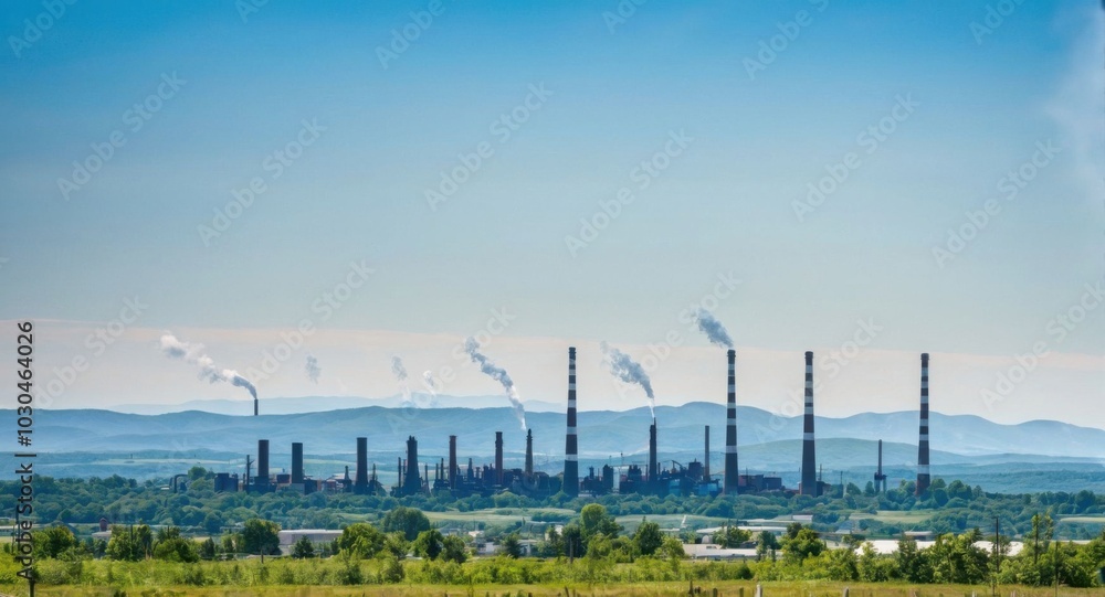 Bright sky highlighting smokestacks, creating a stark industrial scene. Bright sky highlighting smokestacks, creating a stark industrial scene.