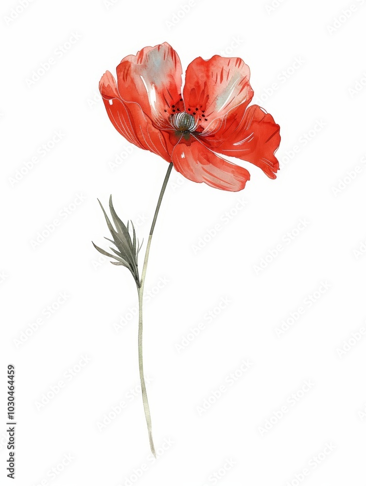 Obraz premium Simple Watercolour Hand Drawing of a Single Red Flower on a White Background, Ideal for Spring or Summer Decorations Generative AI