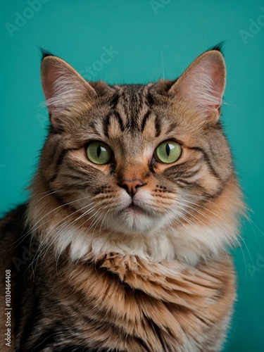 A close up portrait of a cute plump, chubby brown, white, and gray cat sitting against teal green painted wooden wall on a wooden table surface looking straight at the camera. Feline animal photo. photo