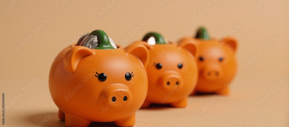 Pumpkin-shaped orange piggy banks piled with coins ideal for autumnal savings decorations Pumpkin-shaped orange piggy banks piled with coins ideal for autumnal savings decorations
