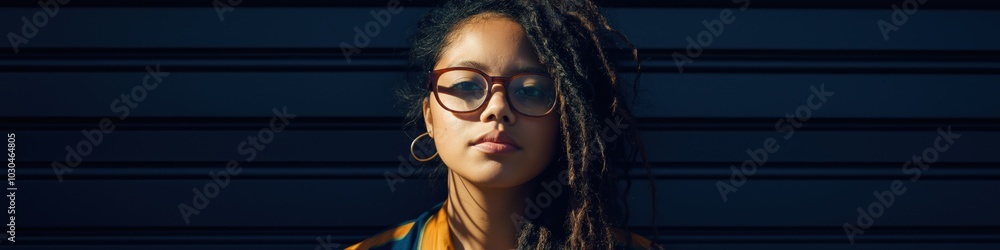 A woman with long hair and glasses is standing in front of a wall. She is wearing a blue shirt and a black skirt A woman with long hair and glasses is standing in front of a wall. She is wearing a blue shirt and a black skirt