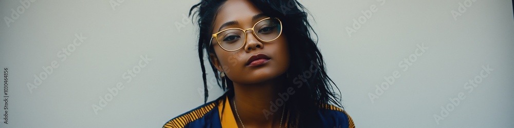 A woman wearing glasses and a yellow and blue jacket. She is looking at the camera. The image has a casual and relaxed mood A woman wearing glasses and a yellow and blue jacket. She is looking at the camera. The image has a casual and relaxed mood