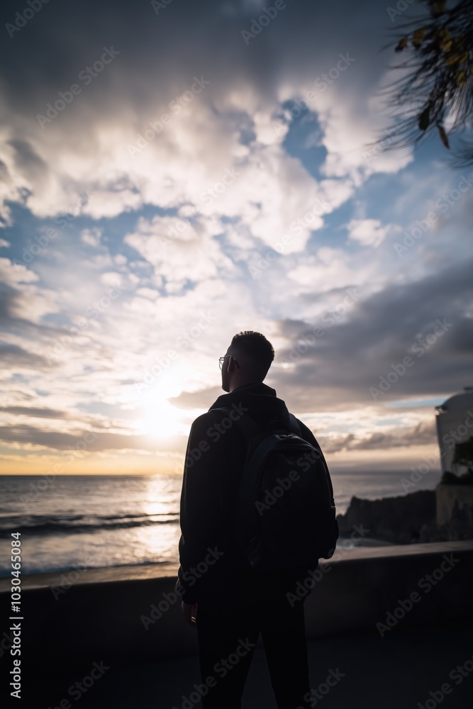 A man stands on a beach looking out at the ocean. He is wearing a backpack and a black jacket. The sky is cloudy and the sun is setting