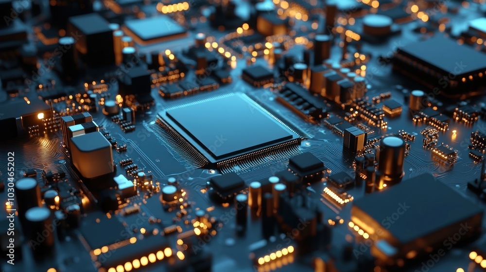 Close-up of a CPU on a Circuit Board with Illuminated Components Close-up of a CPU on a Circuit Board with Illuminated Components