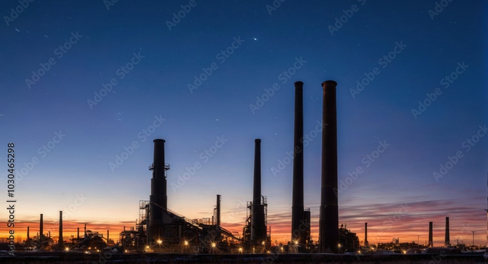 Bright sky highlighting smokestacks, creating a stark industrial scene. Bright sky highlighting smokestacks, creating a stark industrial scene.