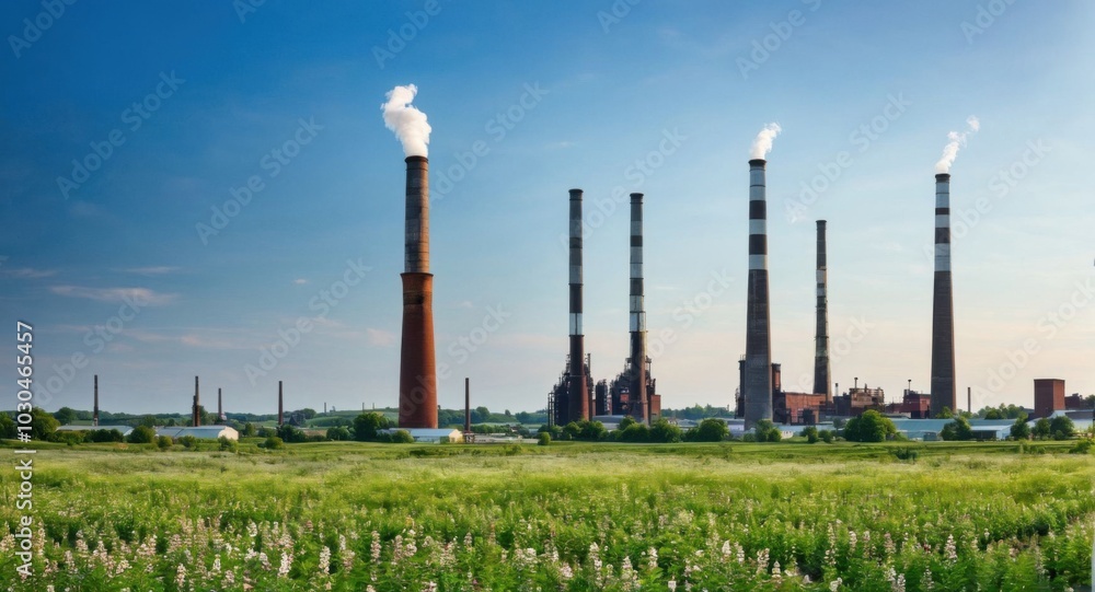 Bright sky highlighting smokestacks, creating a stark industrial scene. Bright sky highlighting smokestacks, creating a stark industrial scene.