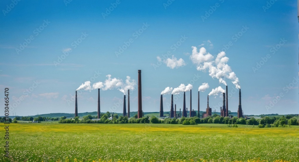 Bright sky highlighting smokestacks, creating a stark industrial scene. Bright sky highlighting smokestacks, creating a stark industrial scene.