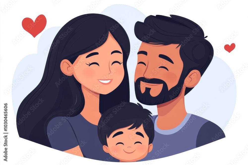Happy family of three with hearts symbolizing love joy and family bond in a warm playful illustration with soft tones and simple design elements Happy family of three with hearts symbolizing love joy and family bond in a warm playful illustration with soft tones and simple design elements