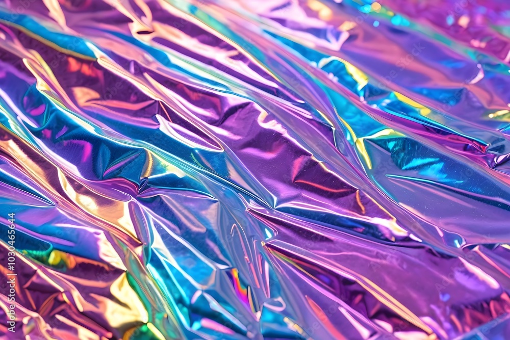 Close-up of a holographic foil texture with vibrant rainbow colors and reflective light patterns. Close-up of a holographic foil texture with vibrant rainbow colors and reflective light patterns.