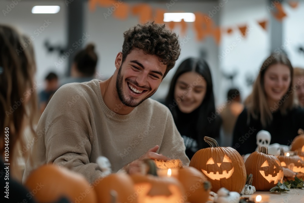 A group of friends are laughing and carving pumpkins at a Halloween gathering, surrounded by spooky decorations, creating an atmosphere of fun and festivity. A group of friends are laughing and carving pumpkins at a Halloween gathering, surrounded by spooky decorations, creating an atmosphere of fun and festivity.