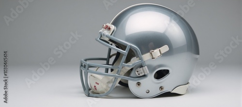 High-angle view Shiny silver football helmet with facemask and white pads