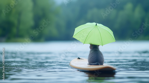 Wallpaper Mural Whimsical Adventure: An Adult Grey Cat with a Green Umbrella on a Surfboard Torontodigital.ca
