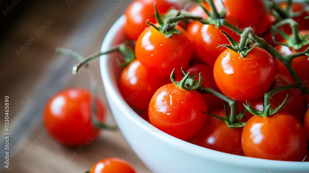 Bursting with Vibrant Flavor: A Group of Cherry Tomatoes Packed in a White Bowl - Bursting with Vibrant Flavor: A Group of Cherry Tomatoes Packed in a White Bowl -