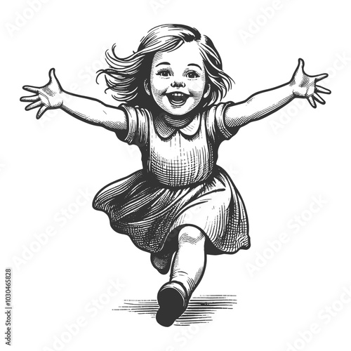 joyful little girl running with open arms, smiling and carefree, capturing the essence of childhood happiness and innocence sketch engraving generative ai vector illustration. Black and white image.