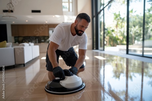 A man meticulously polishes a wooden floor, using a buffer to achieve a pristine, reflective finish. His attention to detail highlights his skill and dedication. photo