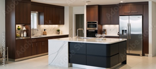 Modern luxury kitchen interior features a sleek kitchen island