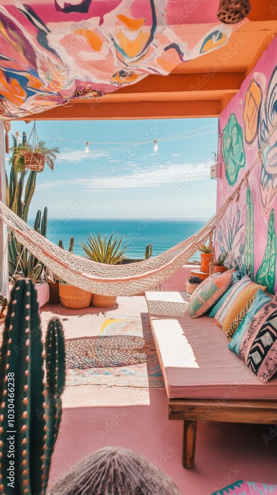 Fototapeta premium Relaxing Boho Ocean View Terrace with Cacti and Hammock Generative AI
