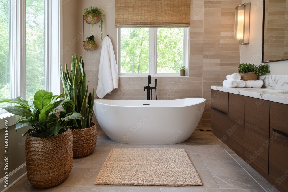 This bright bathroom has a stylish standalone bathtub, complemented by a large window bringing natural light, and potted plants providing a fresh ambiance. This bright bathroom has a stylish standalone bathtub, complemented by a large window bringing natural light, and potted plants providing a fresh ambiance.