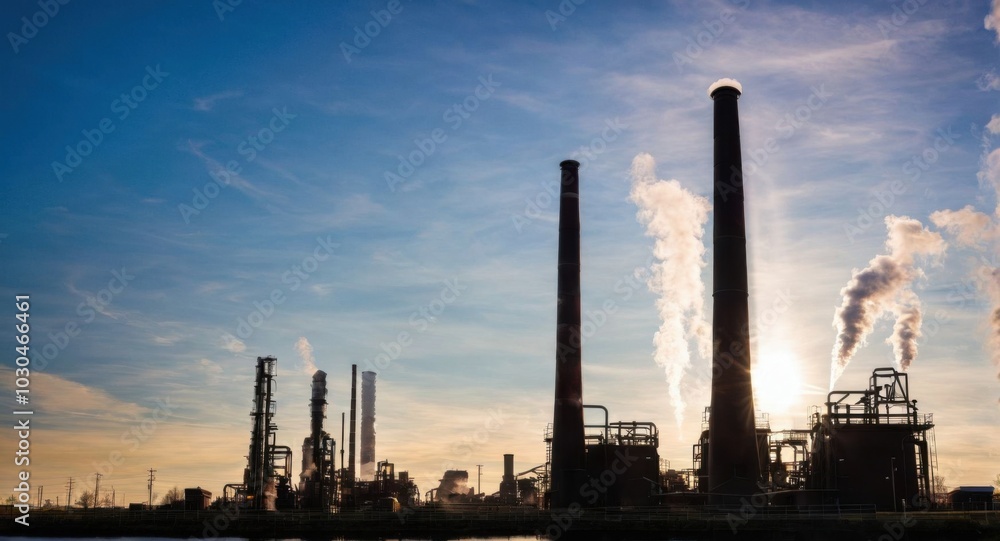 Bright sky highlighting smokestacks, creating a stark industrial scene. Bright sky highlighting smokestacks, creating a stark industrial scene.