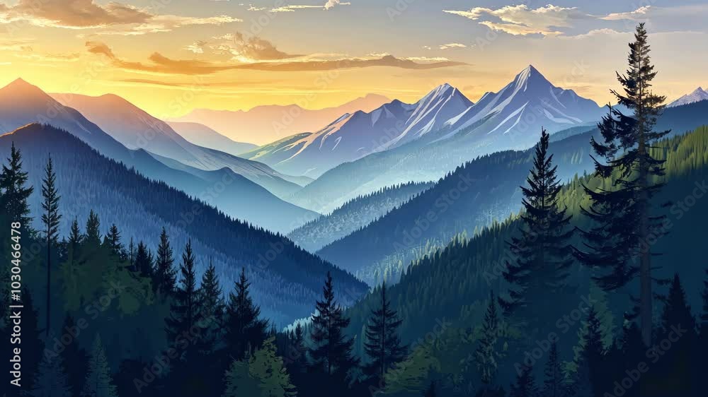 A serene sunset over a mountainous landscape, with pine trees in the foreground and a snow-capped peak in the distance A serene sunset over a mountainous landscape, with pine trees in the foreground and a snow-capped peak in the distance