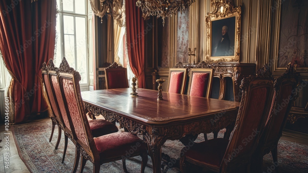 Elegant wooden table and chairs with ornate designs, placed in a lavishly decorated room, exuding luxury and sophistication