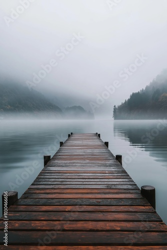 A wooden dock leads into a fog-covered lake, surrounded by mist-covered mountains in the distance.