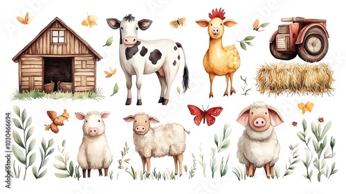 Isolated on white background clip art whimsical water color farm animals collection featuring a cow