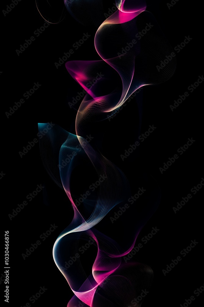 Abstract digital art with pink and blue waves against a black background. Abstract digital art with pink and blue waves against a black background.