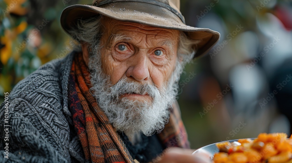 A wise old man gazes thoughtfully while enjoying a warm meal amidst a vibrant autumn landscape. Generative AI A wise old man gazes thoughtfully while enjoying a warm meal amidst a vibrant autumn landscape. Generative AI