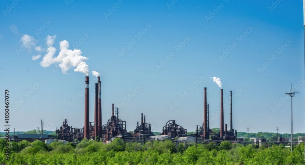 Bright sky highlighting smokestacks, creating a stark industrial scene. Bright sky highlighting smokestacks, creating a stark industrial scene.