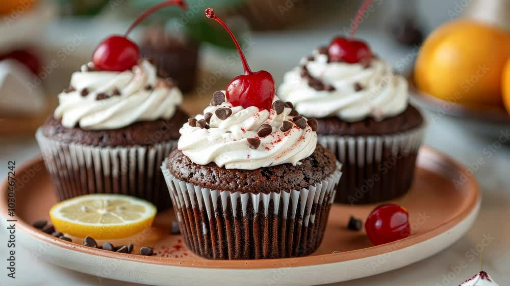 Chocolate cupcakes topped with whipped cream and cherries are ready to be eaten Chocolate cupcakes topped with whipped cream and cherries are ready to be eaten