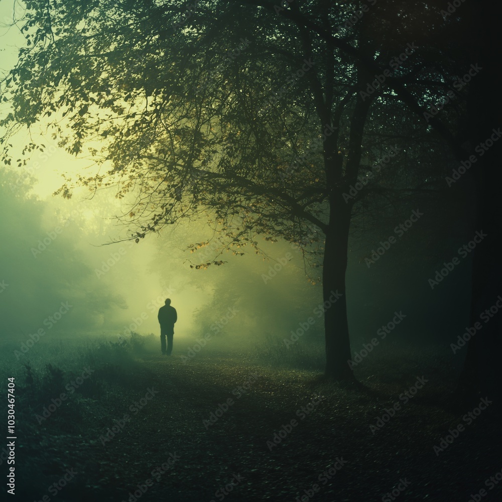 A lone figure walks down a path in a misty forest, enveloped by soft light through the trees. A lone figure walks down a path in a misty forest, enveloped by soft light through the trees.